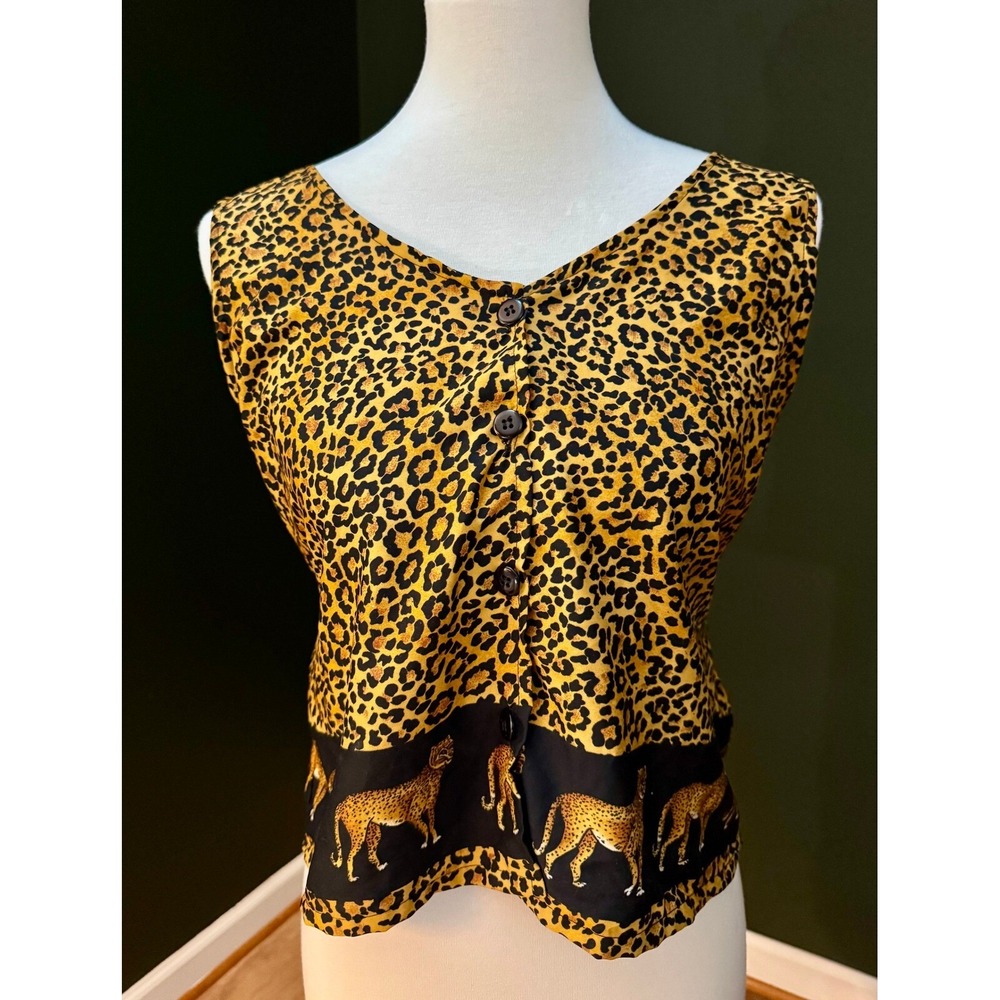 Vintage Leopard Print Sleeveless Top Animal Border Button Up Blouse